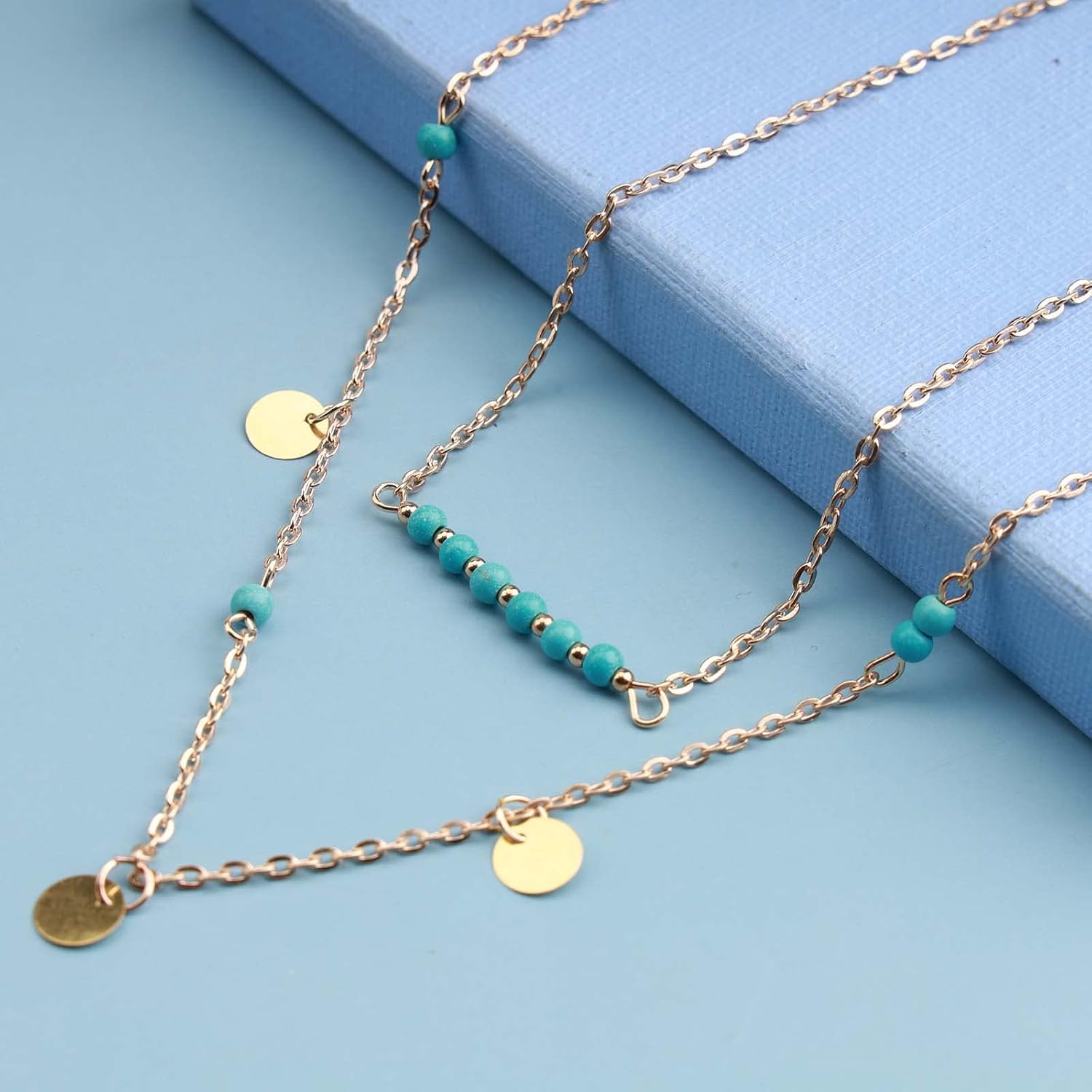 Boho Turquoise Bead Choker Necklace Disc Pendant Necklace Layering Gem Choker Necklace Gold Hammered Coin Necklace Jewelry for Women - Image 3