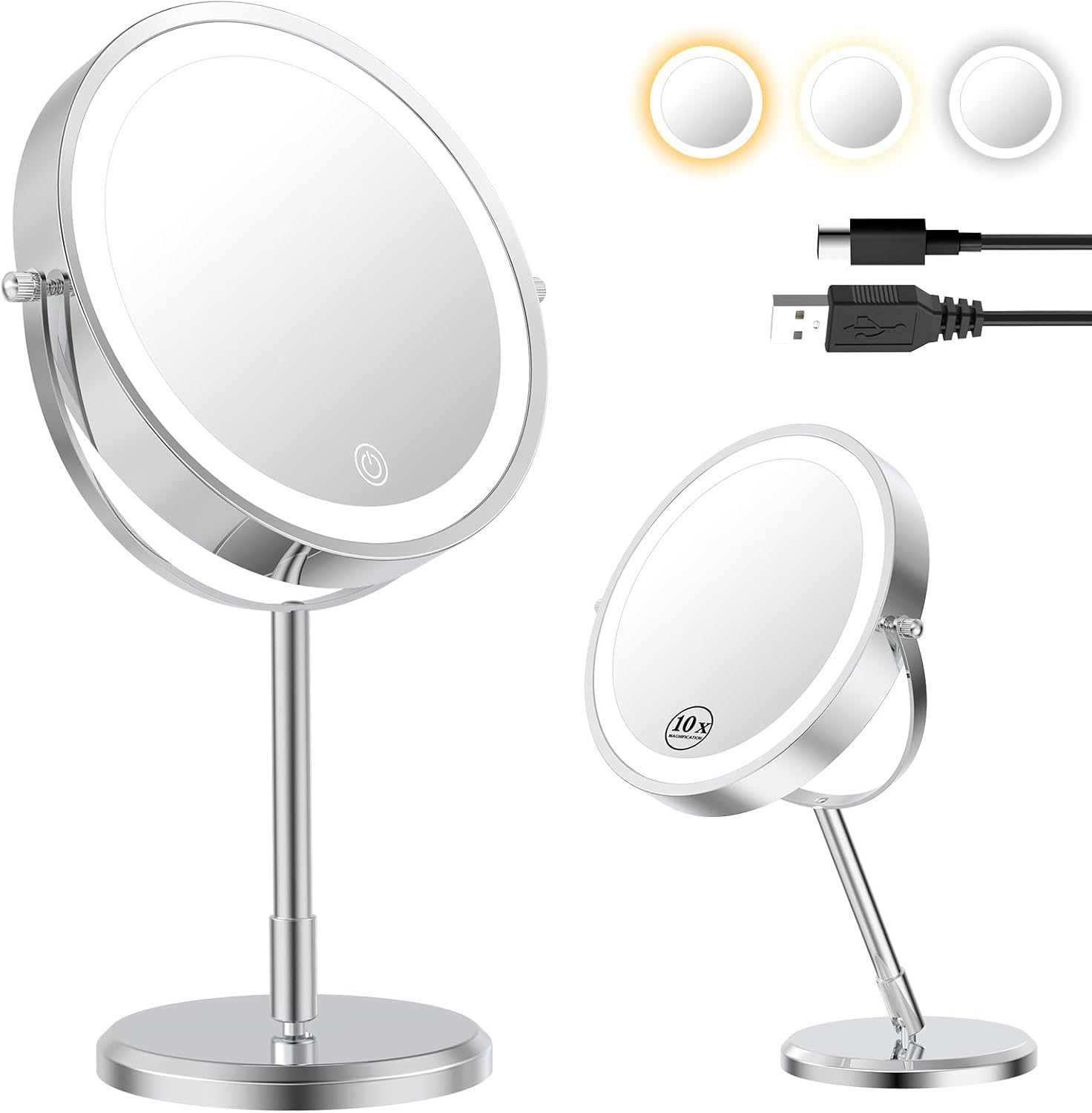 1X/10X Double Sided Travel Makeup Mirror with Lights, Chrome