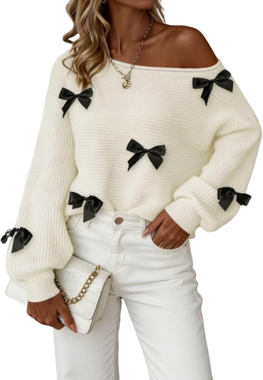 Verdusa Women's Off Shoulder Sweater Coquette Bow Long Sleeve Fall Sweaters Clothes Cozy Knit Tops