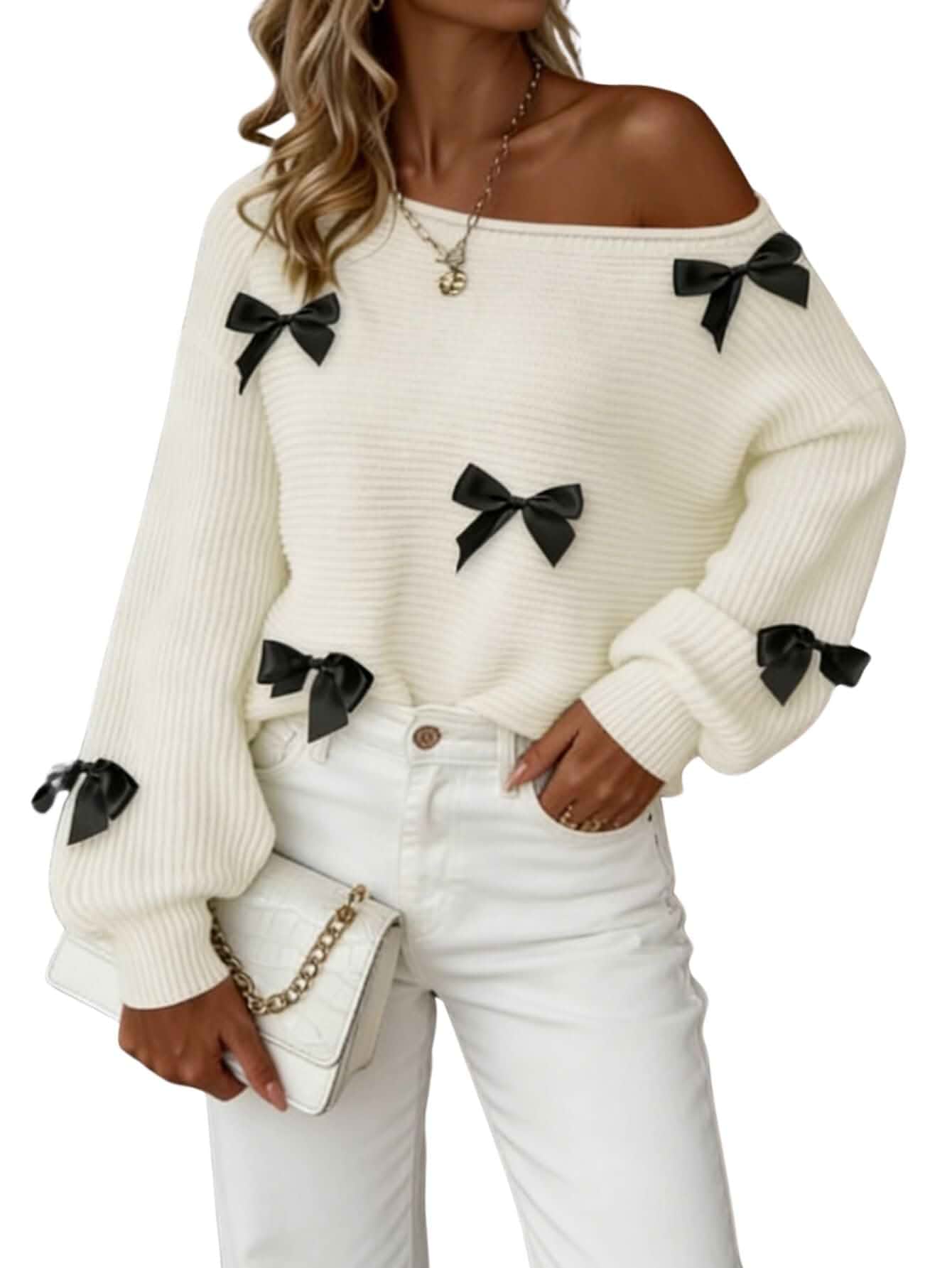 Verdusa Women's Off Shoulder Sweater Coquette Bow Long Sleeve Fall Sweaters Clothes Cozy Knit Tops Long Sleeve