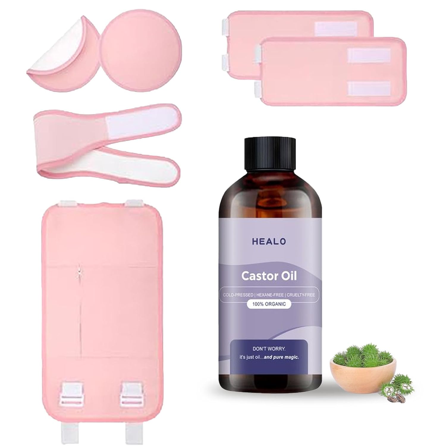 Healo Castor Oil Pack Wrap Castor Oil Pack Wrap Kit - 3.38 Oz with Reusable Wraps - For Stomach, Neck and Entire Body with Adjustable Elastic Straps (Pink 6PCS, 100ML)
