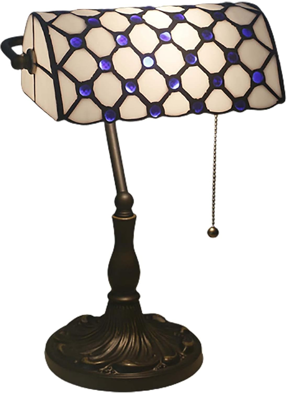 Banker Table Lamp 10Inch Vintage Tiffany Style White Stained Glass Crystal Beads Desk Decoration Lamp Bedside Study Room Office Table Reading Lamp with Pull Chain Switch,Blue