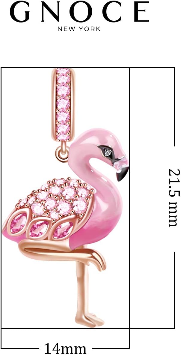 GNOCE Flamingo Dangle Charm 925 Sterling Silver 18K Pink Pendant Charms Bead For Bracelet/Necklace Rose Gold Plated For Women Mother's Day