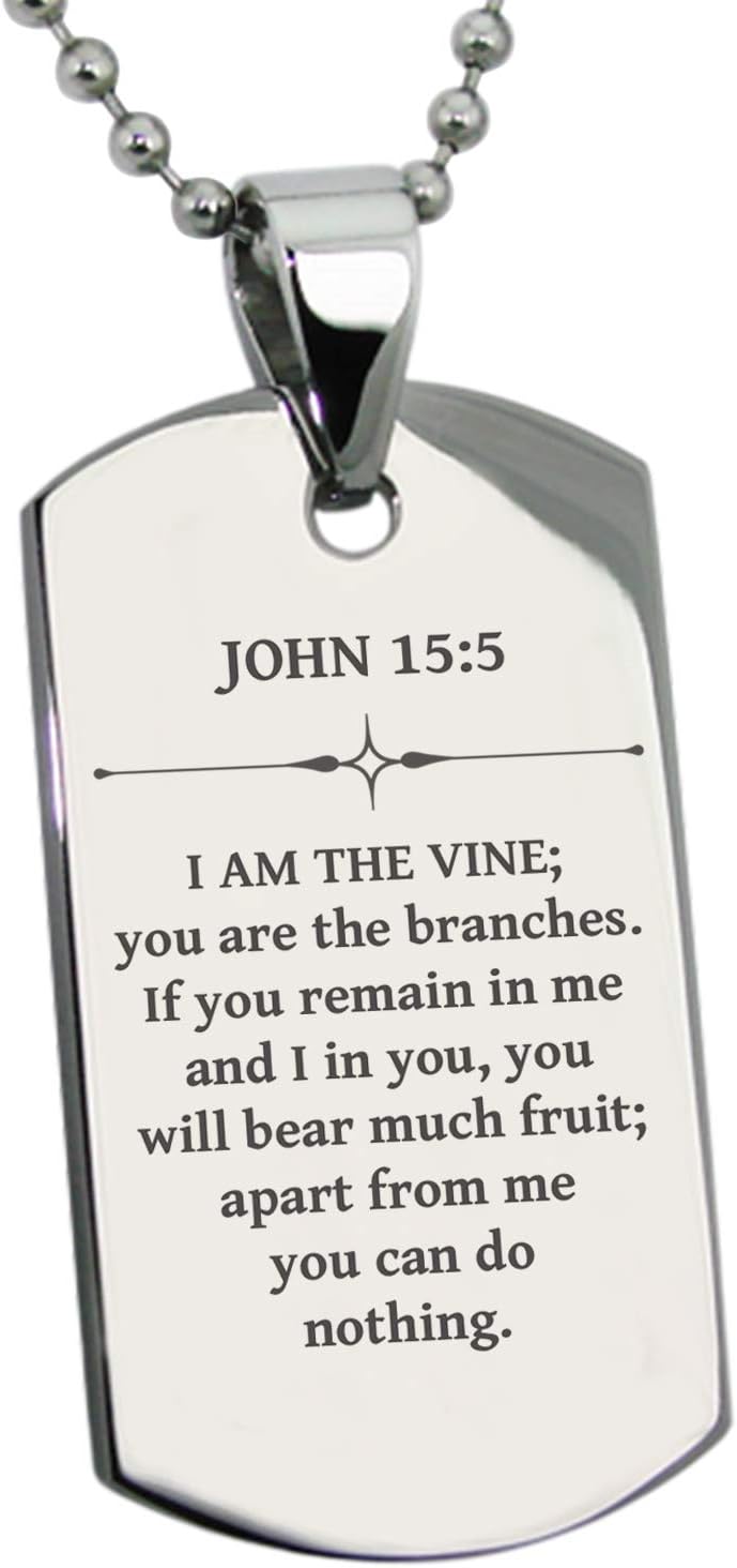 Stainless Steel I Am the Vine John 15:5 Dog Tag Pendant Necklace