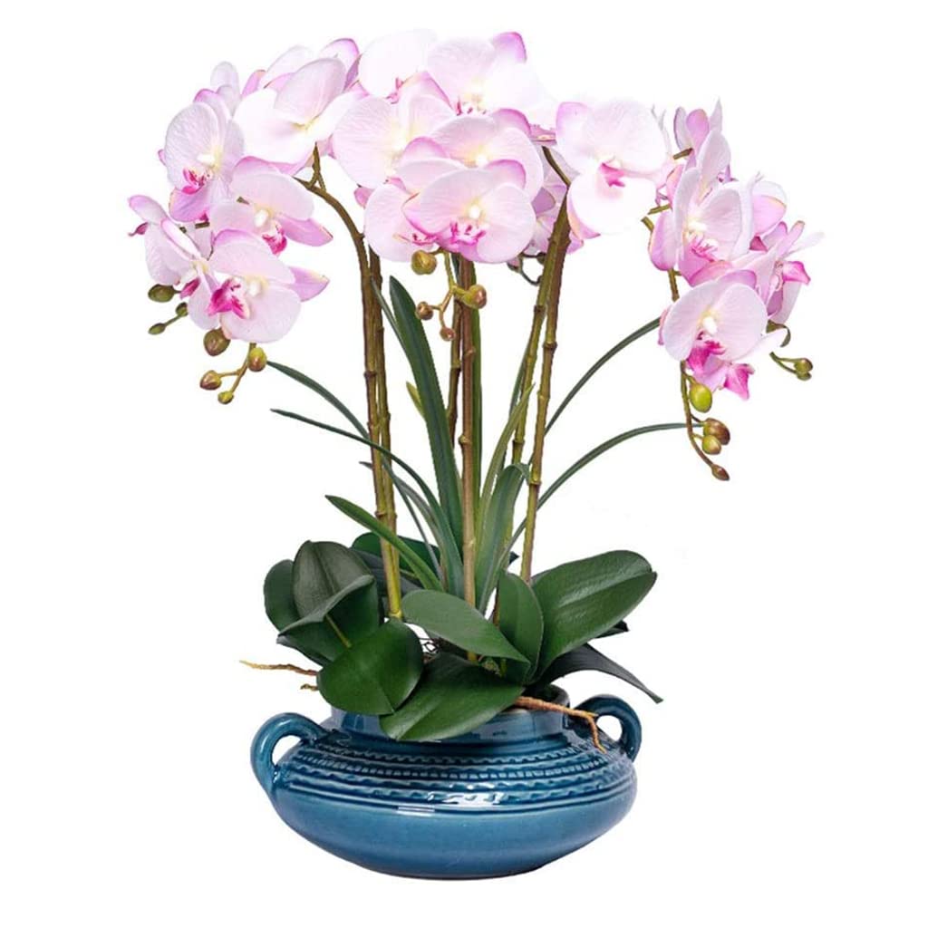 Fleur artificielle Phalaenopsis haut de gamme et son vase céramique bleu