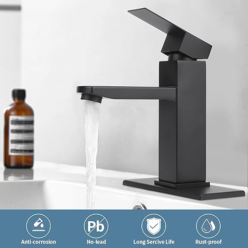 Miniatura 4 de Grifo de lavabo de baño de una sola manija, color negro mate, grifo de tocador de acero inoxidable para fregadero de baño con mangueras de