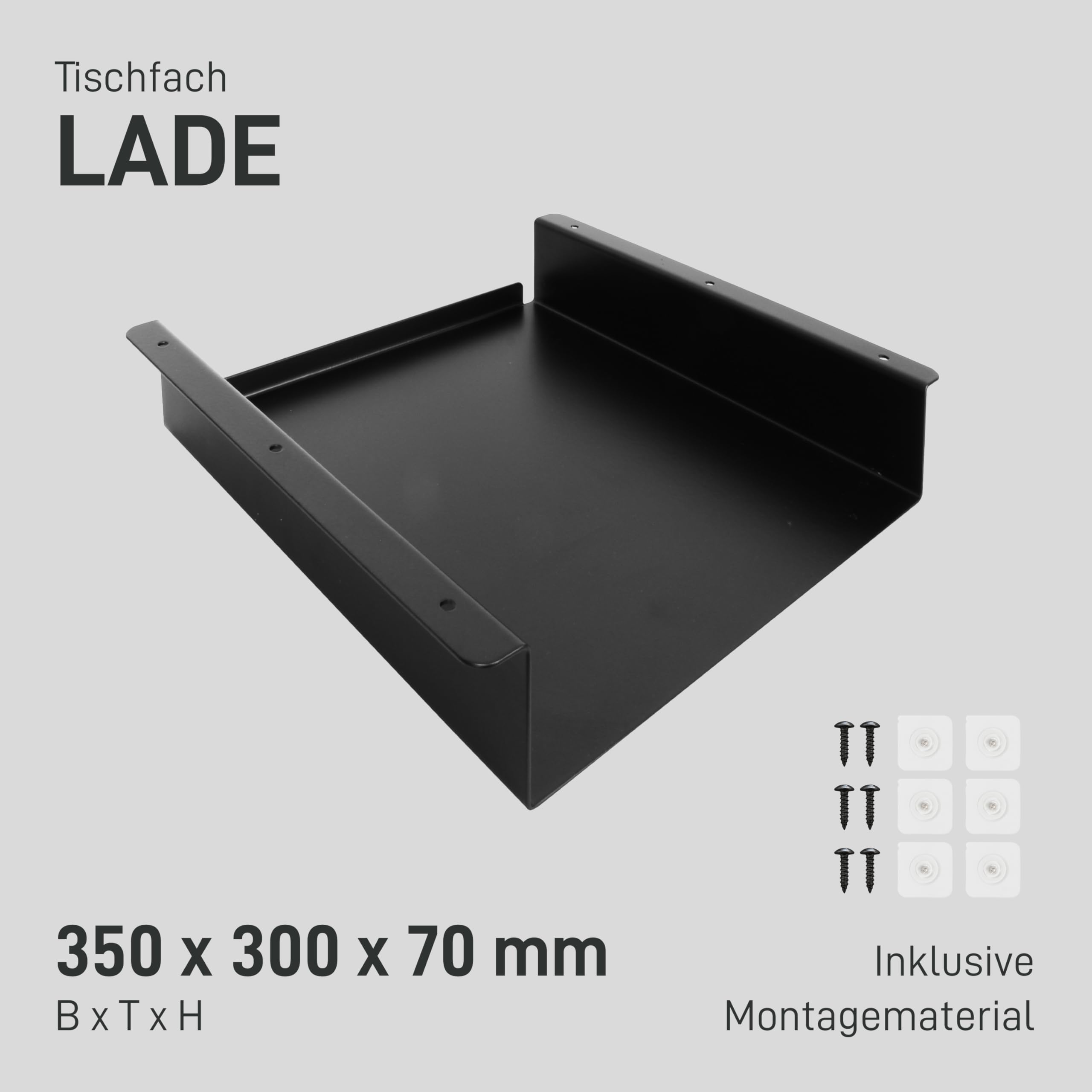Natural Goods Berlin 1x Tischfach LADE Schreibtisch Ablage Schublade Unterkonstruktion Halterung hängend Organizer Materialschrank Aufbewahrungsbox Plattenunterbau Metall (300mm, Schwarz)