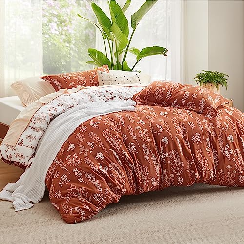 Image of Bedsure Duvet Cover Queen Size - Reversible Terracotta Queen Duvet Cover Set with Zipper Closure, 3 Pieces Floral Patterned Bedding Set with 8 Corner Ties and 2 Pillow Shams