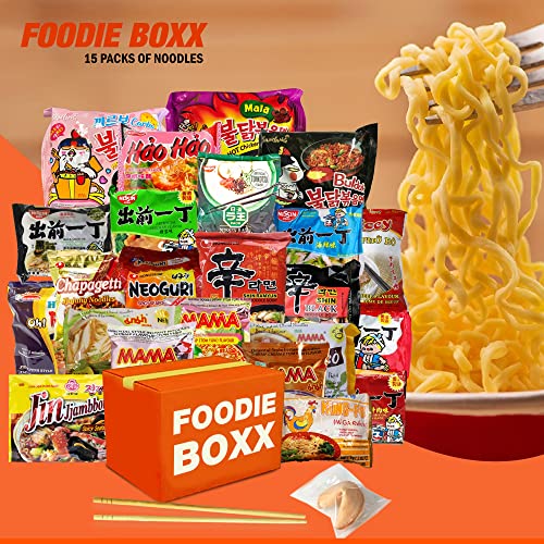 Foodie Boxx Asian Instant Ramen Noodles Variety Pack With Cookies & Chopsticks | Nongshim, Samyang, Wai Wai, Mama, Hao, Acecook | Student Care Package | 15 Pack Assorted #TOP1