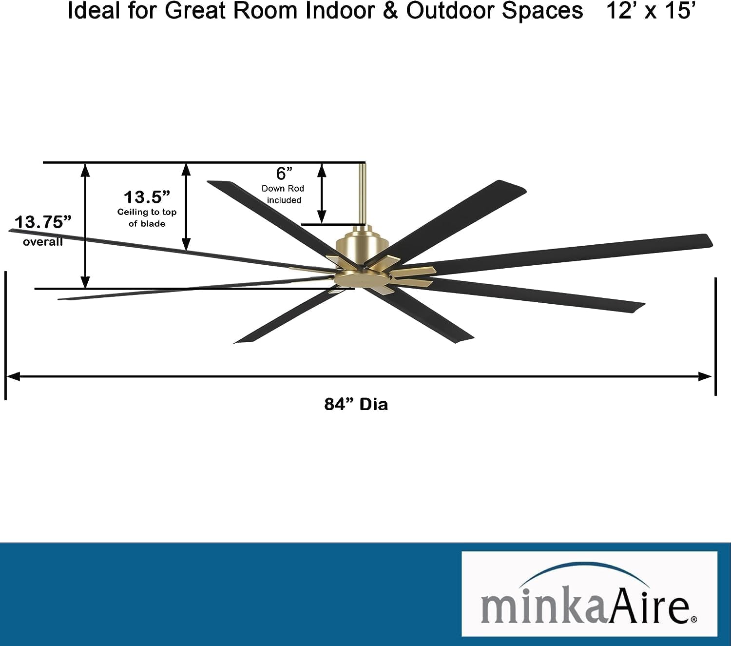 MINKA-AIRE F896-84-SBR/CL Xtreme H2O 84 Inch DC Motor Outdoor Ceiling Fan with Remote Control in Soft Brass Finish with Coal Blades