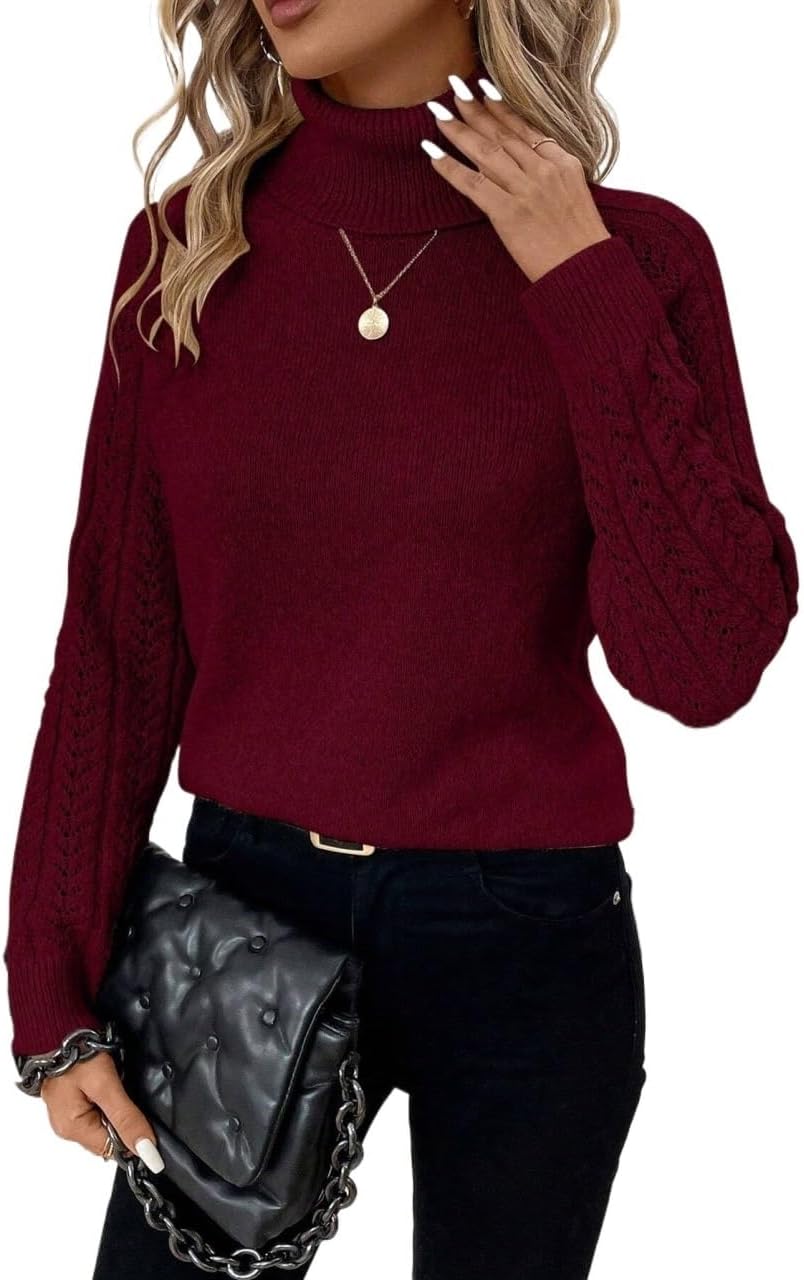 Women Pullover Long Sleeve Sweater Solid Color High Neck Casual Sweaters Tops