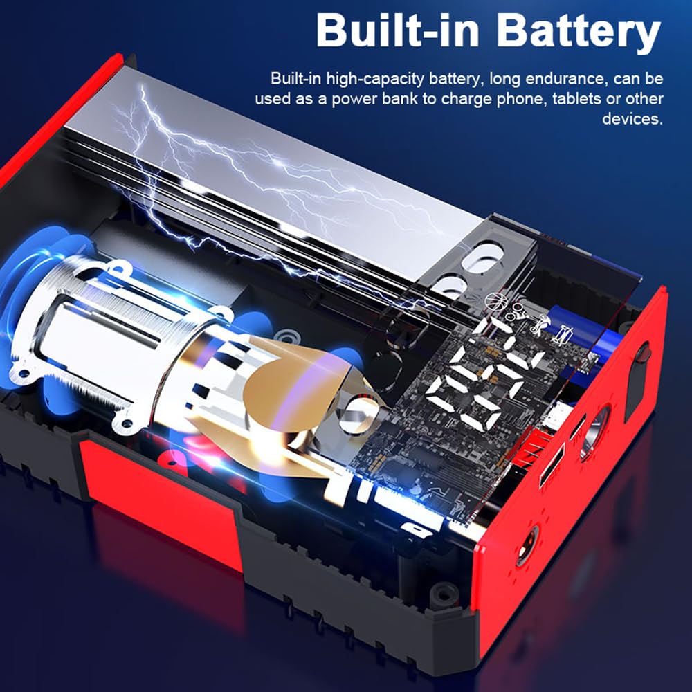 Booster de batería multifunción con compresor de aire, batería de pico de 2000 A (hasta 6,5 l motores de gasolina o diesel de 4,0 l) con función de inflador de neumáticos digital LED 150 PSI