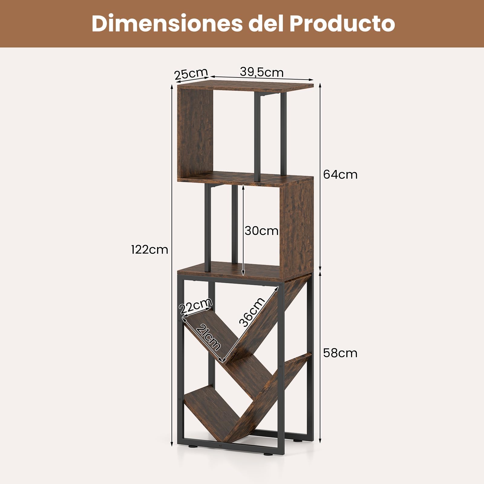 COSTWAY Estantería de 6 Niveles, Librería Geométrica con 6 Estantes Abiertos de Exhibición y Almacenamiento, Marco Metálico, Organizador Independiente de Madera Industrial para Salón Estudio Oficina