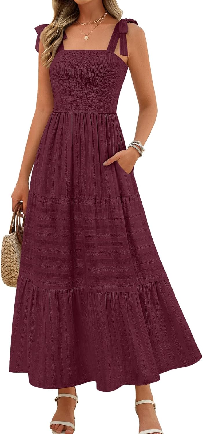 MEROKEETY Women's Summer Boho Maxi Dress Beach Vacation Casual Smocked A Line Sundress with Pockets