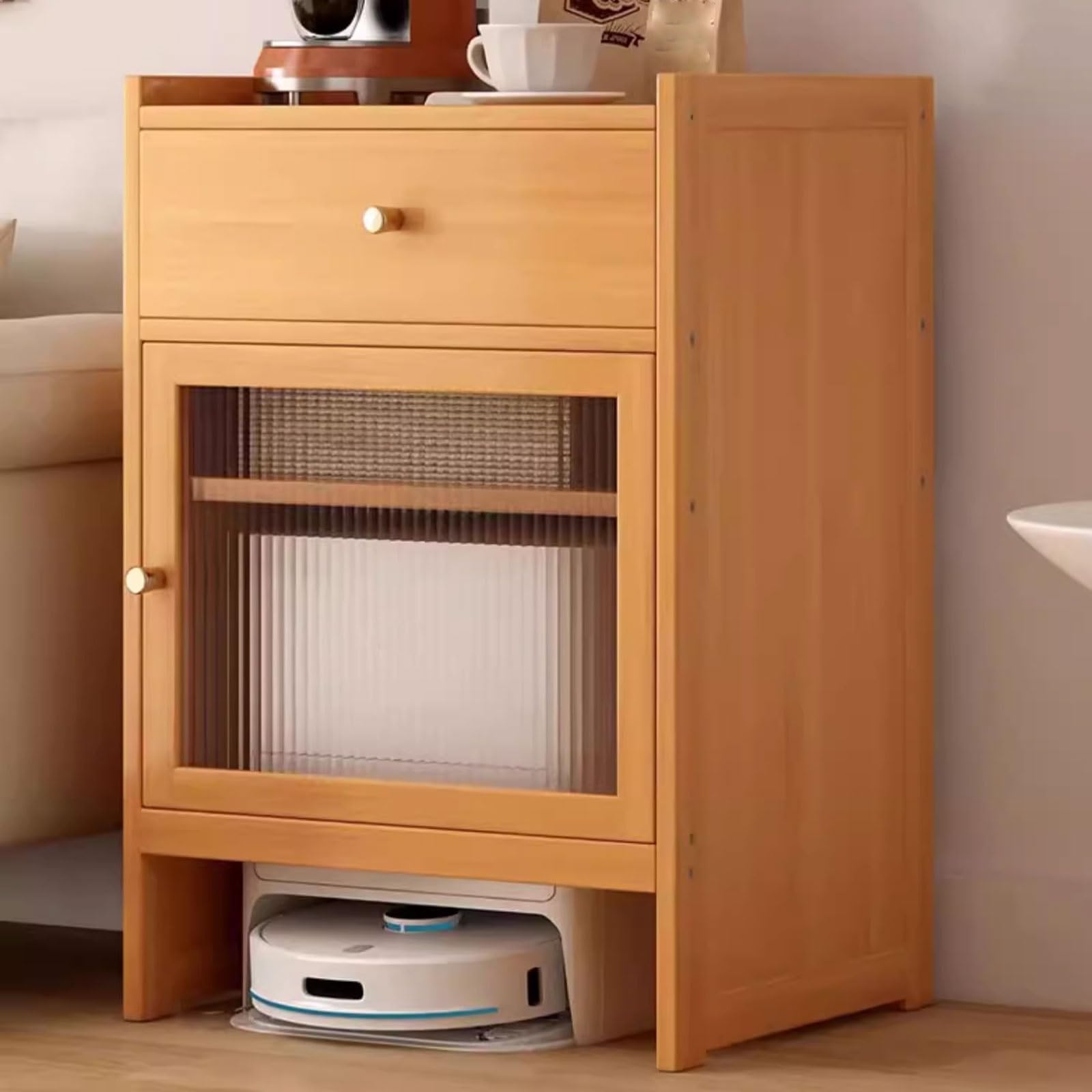 Organizer Ständer for Roboter Smart Robot Vakuumschrank Mit Glastür Und Schublade Herausnehmbare Einlegeböden Versteckter Aufbewahrungsschrank Massivholz(Natural)