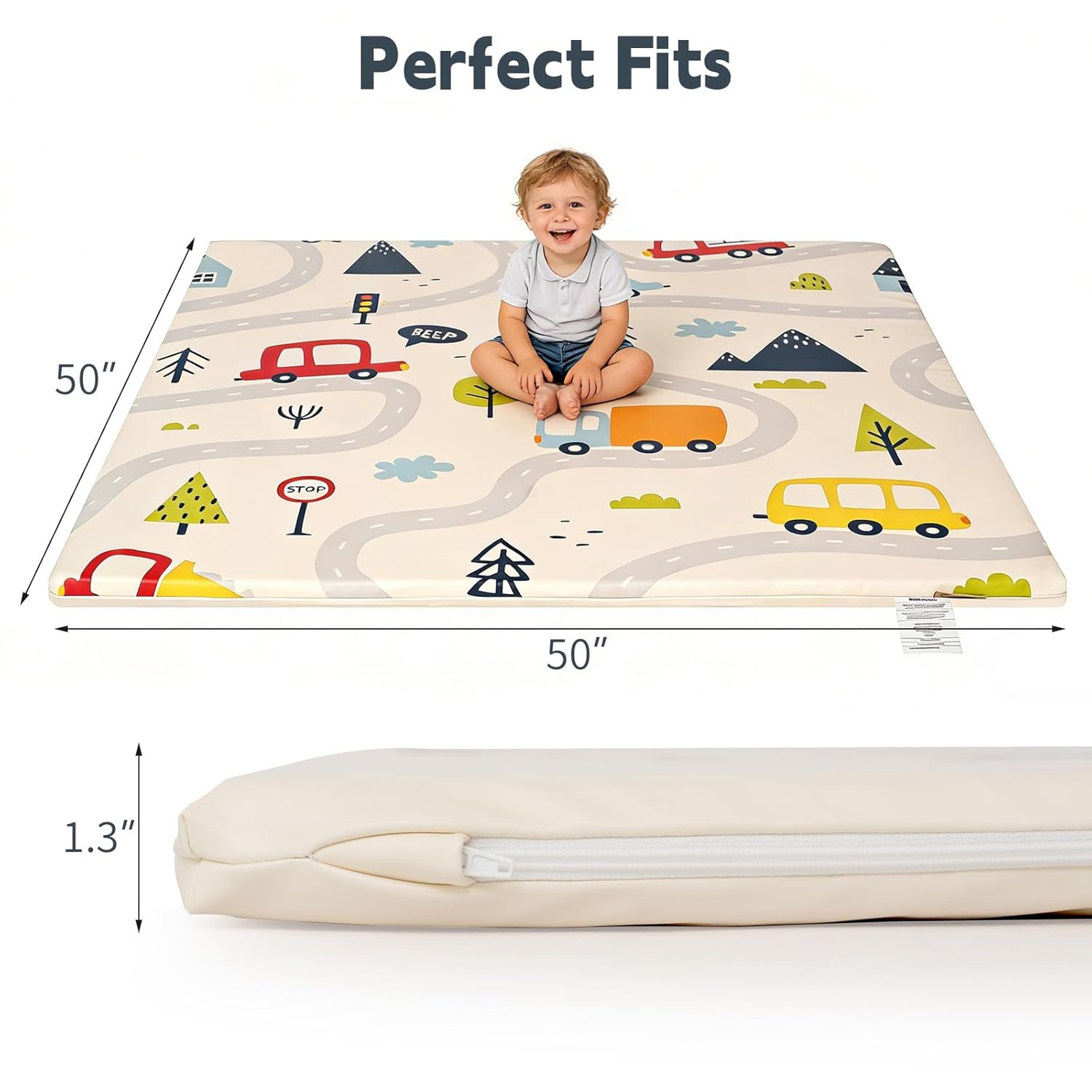 1.3" Thick Baby Play Mat for Floor，50x50 PU Leather Playpen Mat for Toddlers Infant Kids,Ultra Soft Support Cushioned & Waterproof Playmat for Baby Girls and Boys Play on Floor/Car Pattern