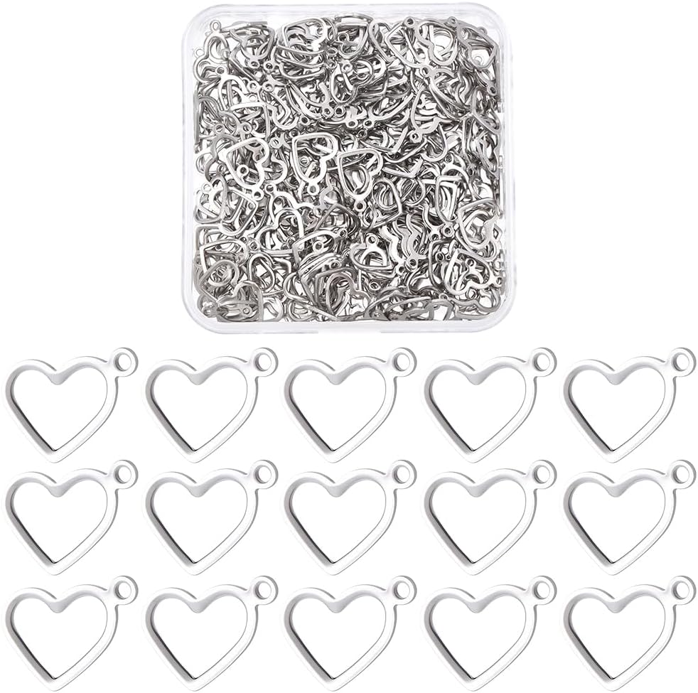 Beebeecraft 1 Box 250Pcs Heart Hollow Frame Pendants 304 Stainless Steel Open Back Hollow Heart Bezel Blank Charms for Resin Craft DIY Jewelry Making