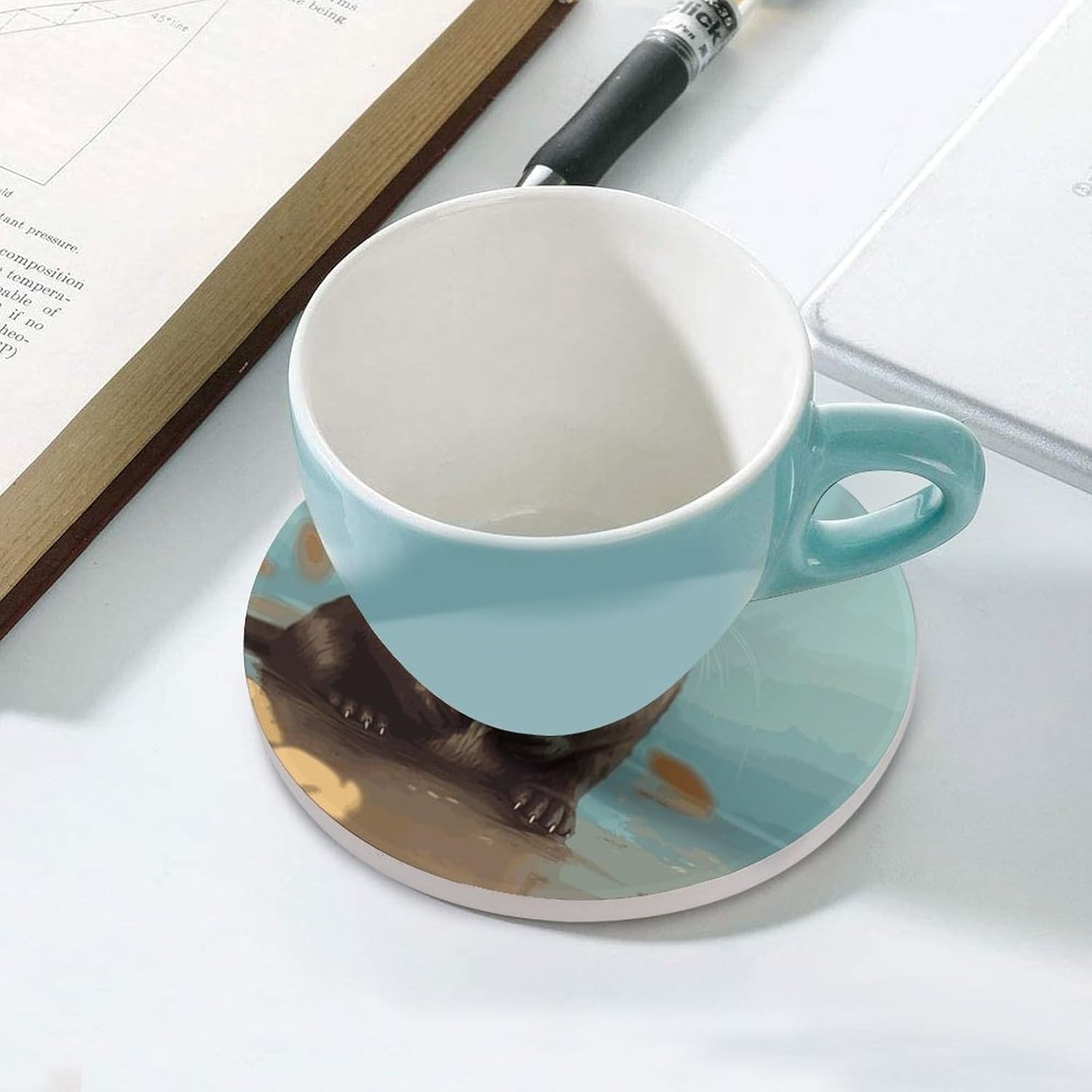6PCS Cute Otter Coasters Non-Slip Round Drink Coasters with Ceramic Stone and Cork Base, Heat Resistant Absorbent 33.00Stone Coaster Set for Kinds of Mugs and Cups, 4 Inch
