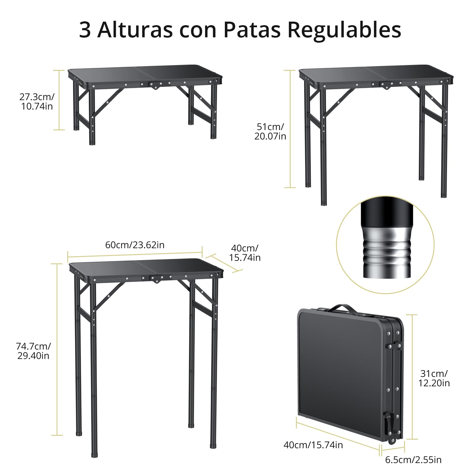 Anbte Mesa Plegable Camping 60x40x27.3/51/74.7cm Ajustable Altura Mesas de Acampada Portátil Mesa Playa Aluminio Impermeable Negro para Terraza Playa Exterior BBQ (Instalación Roscada)