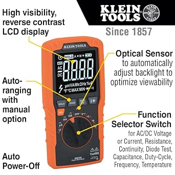 Klein Tools MM450 Multimeter, Slim Digital Meter, Auto-Ranging TRMS, 600V AC/DC Voltage, Current, Resistance, Temp, Frequency, Continuity, Orange & 69381 Alligator Clip Test Leads