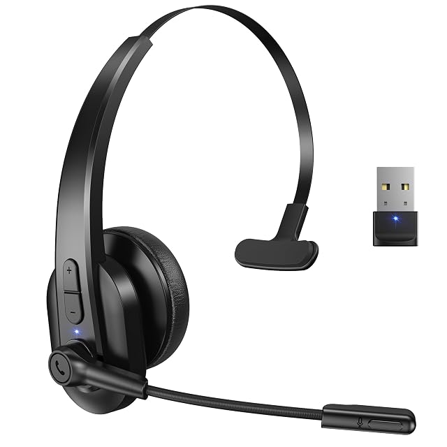 Bluetooth Headset with USB Dongle for Computer Single-Ear Wireless Headset with Noise Cancelling Microphone for Office Truckers Bluetooth