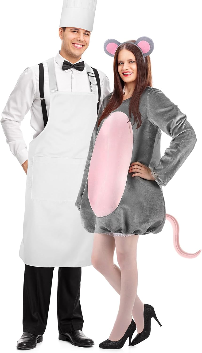 Hillban 6 Pcs Halloween Mouse Chef Couple Costume Set, Chef Hat Apron and Wood Spoon Rat Costume with Headband - Image 4