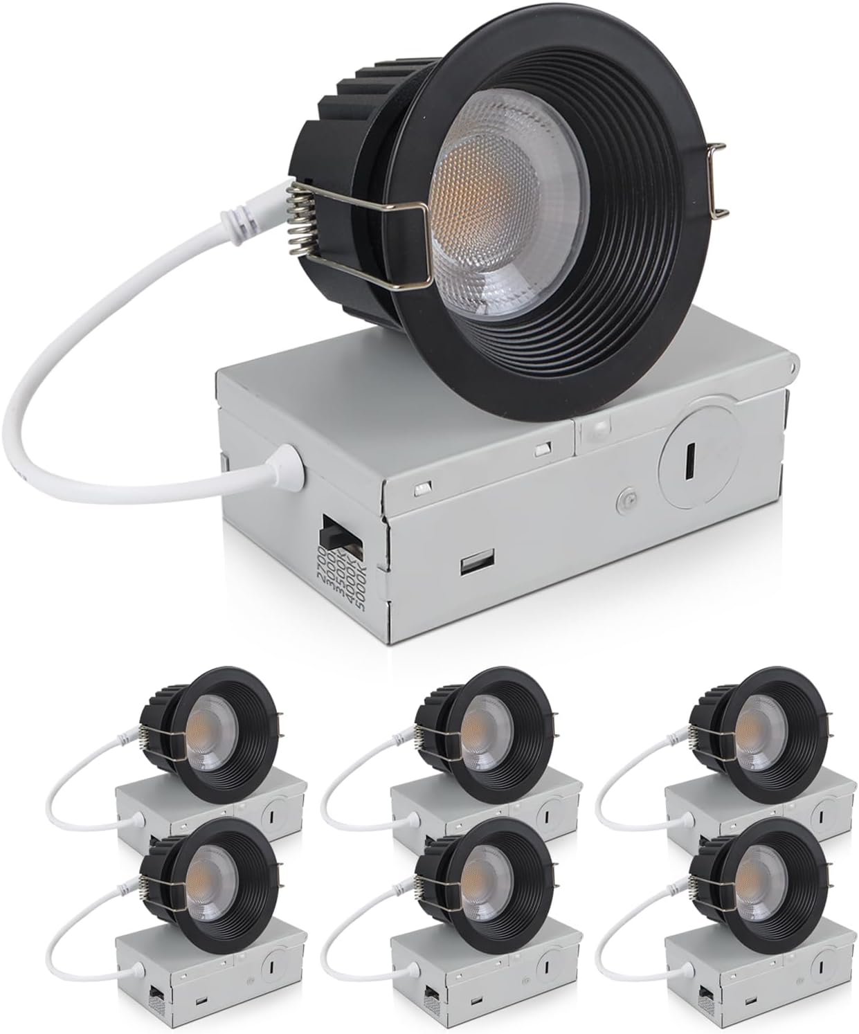 zouzai 3 Inch Anti-Glare LED Recessed Downlight with Junction Box, 5CCT Selectable 2700K/3000K/3500K/4000K/5000K, Dimmable, IP65 Waterproof for Shower, 12W COB, CRI90+, (Black, 3 inch 【6 Pack】)