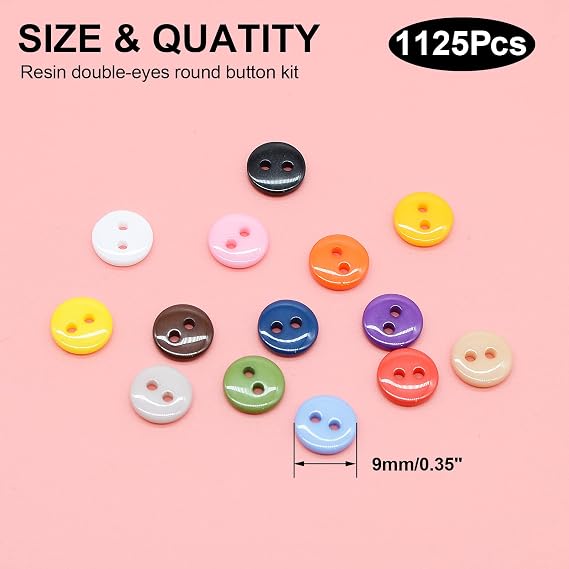 Round 2 Holes Craft Buttons, 1125Pcs 0.35 Inch(9mm) Sewing Buttons
