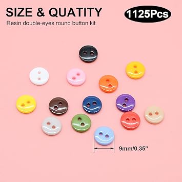 Round 2 Holes Craft Buttons, 1125Pcs 0.35 Inch(9mm) Sewing Buttons