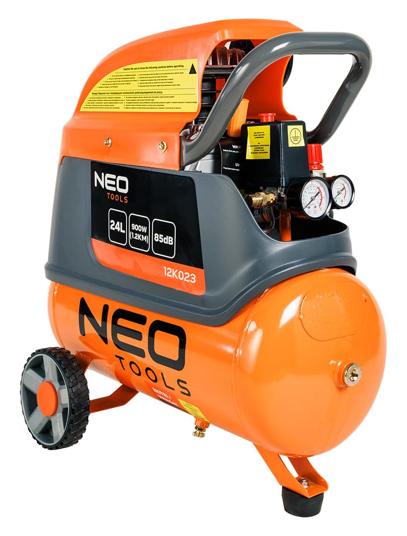 NEO TOOLS Compressore d'aria da 24 litri, pressione massima 8 bar, 900 W, 135 l/min, compressore olio, compressore olio con valvola di scarico, compressore su ruote 570 x 306 x 670 mm
