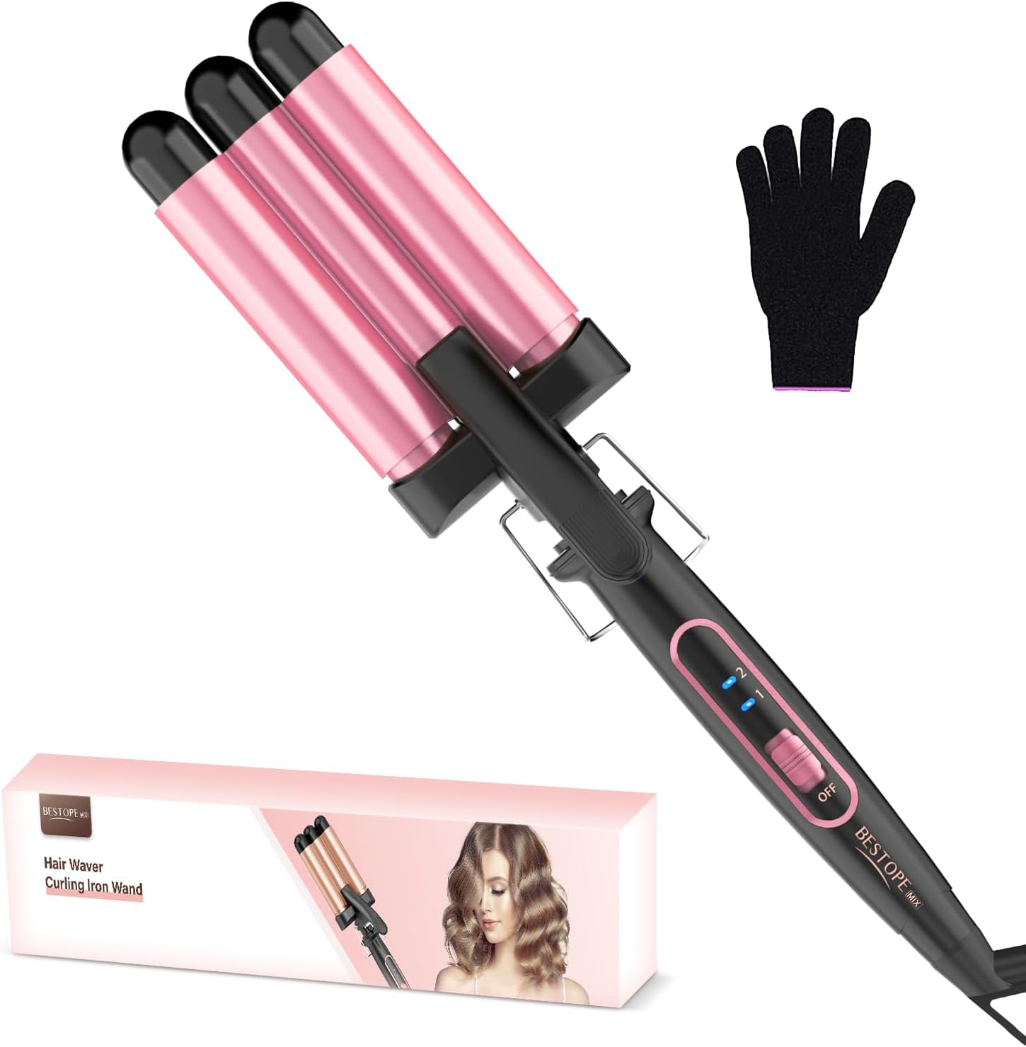 Krultang, golven, 22 mm, krultang met 150 °C/210 °C, krultang met snelle opwarming, voor lang en kort haar, roze