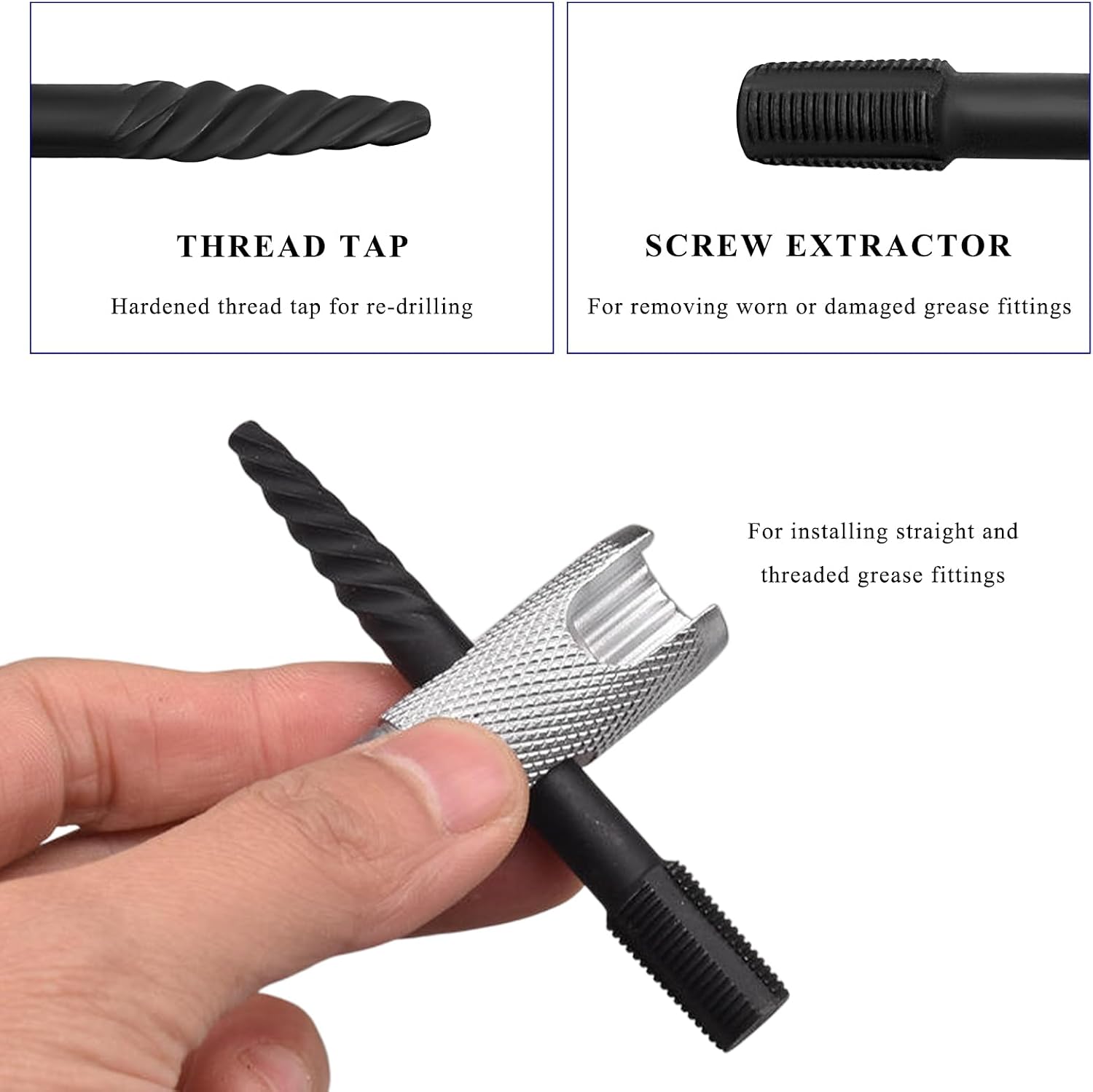 2PCS Grease Zerk Tools, 4-Way Grease Fitting Tool Fit 1/4"-28 SAE, 1/8"-NPT, M10x1 M8x1 & Hex Size 3/8" 5/16" 7/16", Grease Zerk Fitting Tool for Removal Installation Rethreading