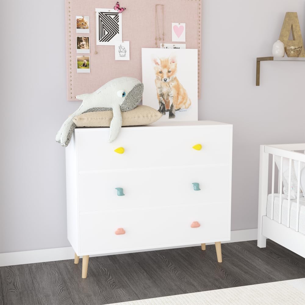 Modern Nightstand with 3 Drawer, Wooden Bedside Table for Kids Room, Toddler Childs Storage Cabinet with Euro Glides, Safety Anti-Tip Design, Easy Assembly, Colorful Finish, 2025 Upgrade (White)