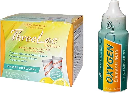 Miniatura 1 de Global Health Trax GHT Three Lac - Suplemento probiótico natural con sabor a limón (3.18 onzas), 1 paquete con oxígeno Elements Max suplemento