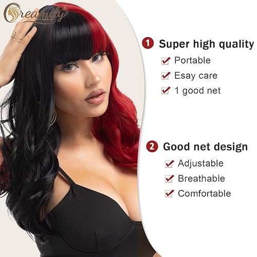 Miniatura 6 de Creamily Negro y rojo Halloween rizado onda pelucas con flequillo corto rizado ondulado parte media sintético Cosplay peluca de pelo para mujeres