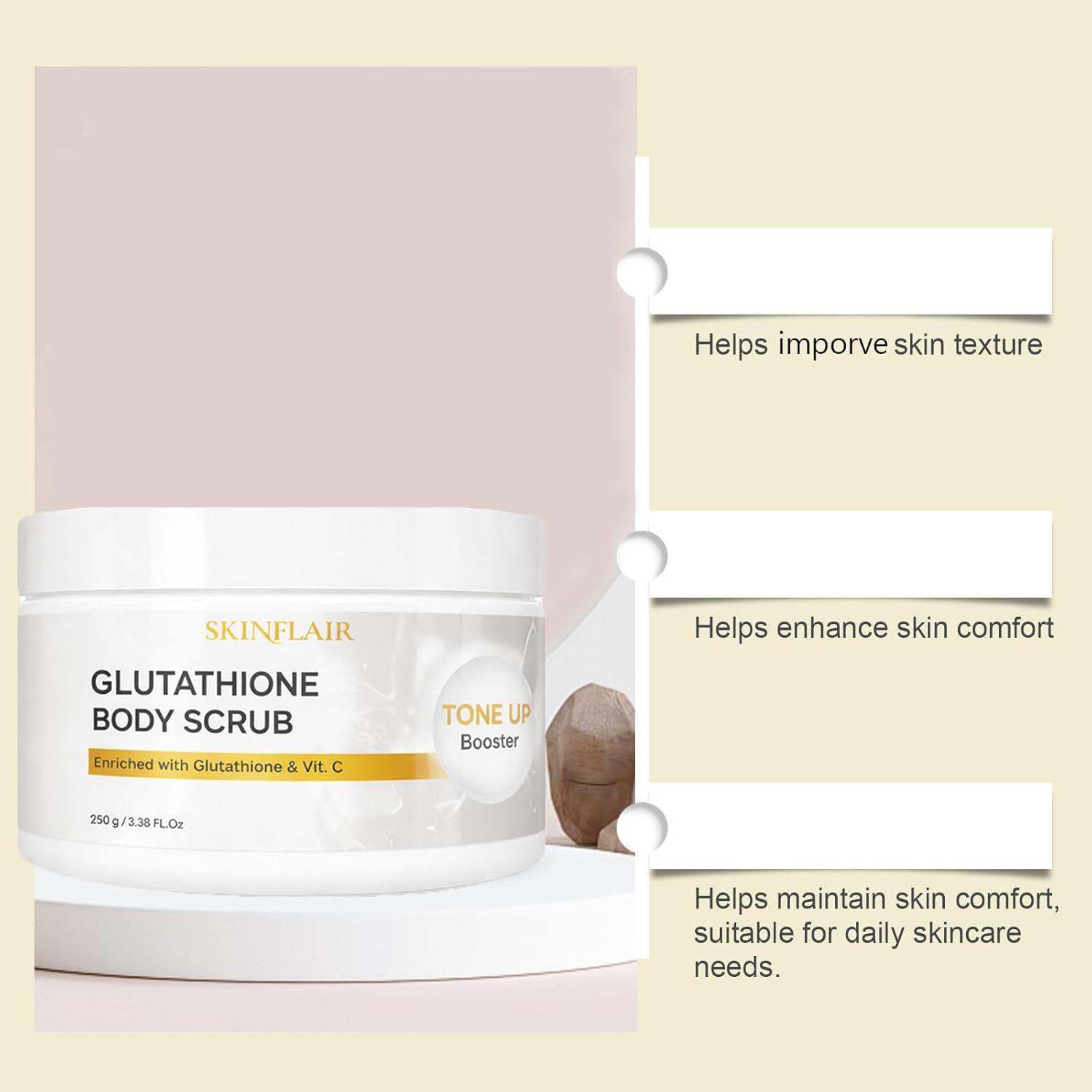 Skinflair Glutathione Body Scrub,Skinflair Glutathione Body Scrub Tone Up Booster,Exfoliating & Hydrating Sea Salt Exfoliator, Bodys Scrubber for Women Enriched with Vit. C & Vit. E (1PCS)