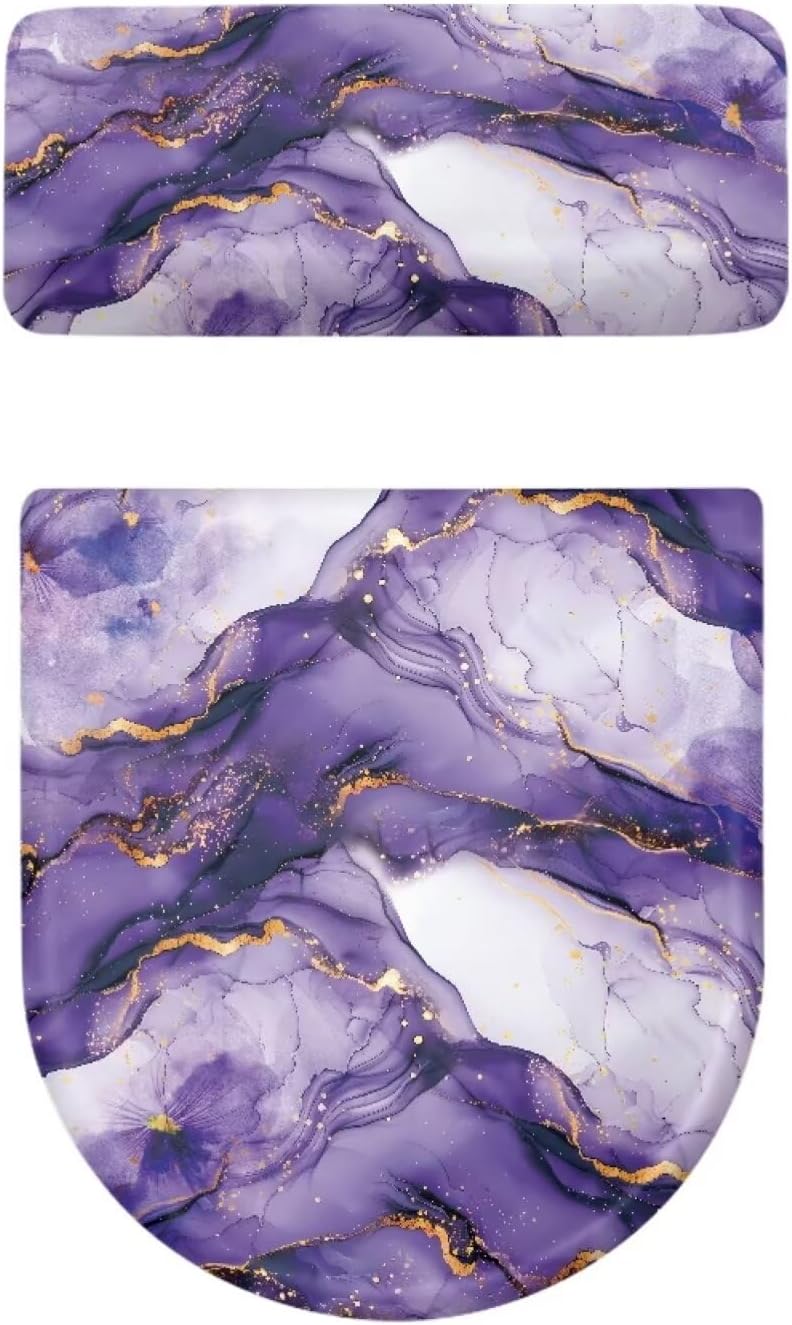 Marble Toilet Cover Lid Set of 2 Pieces,Purple Toilet Seat Lid Cover with Elastic Edges Replacement Machine Wash