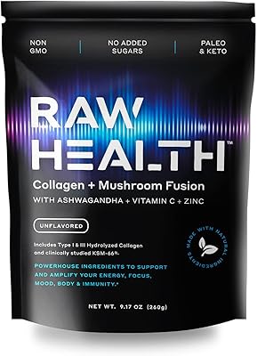 Raw Health Collagen Peptides Powder with 6 Mushroom Blend, Includes Ashwagandha, Acerola Cherry, Zinc - Energy, Focus, Moo...