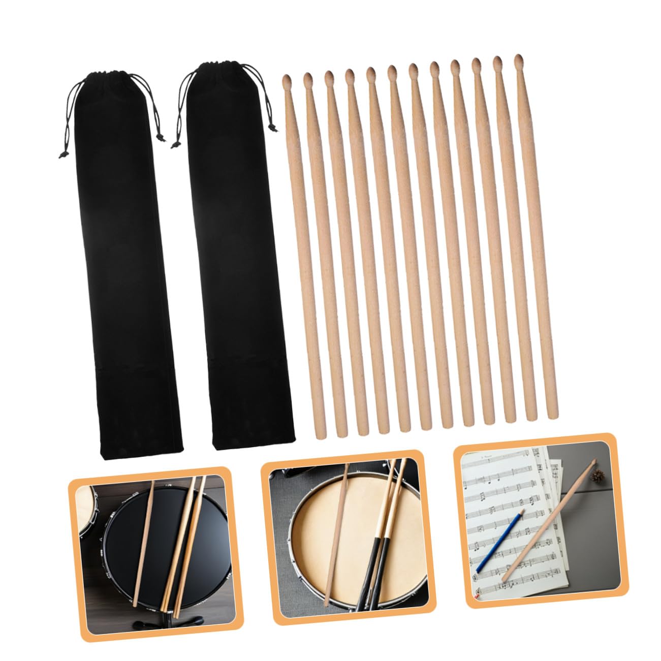 Lot de 2 Sets de Baguettes de Batterie en Érable 5a Noir | Batteurs Professionnels, 3 Paires par Set, Pochette en Velours Souple Incluse