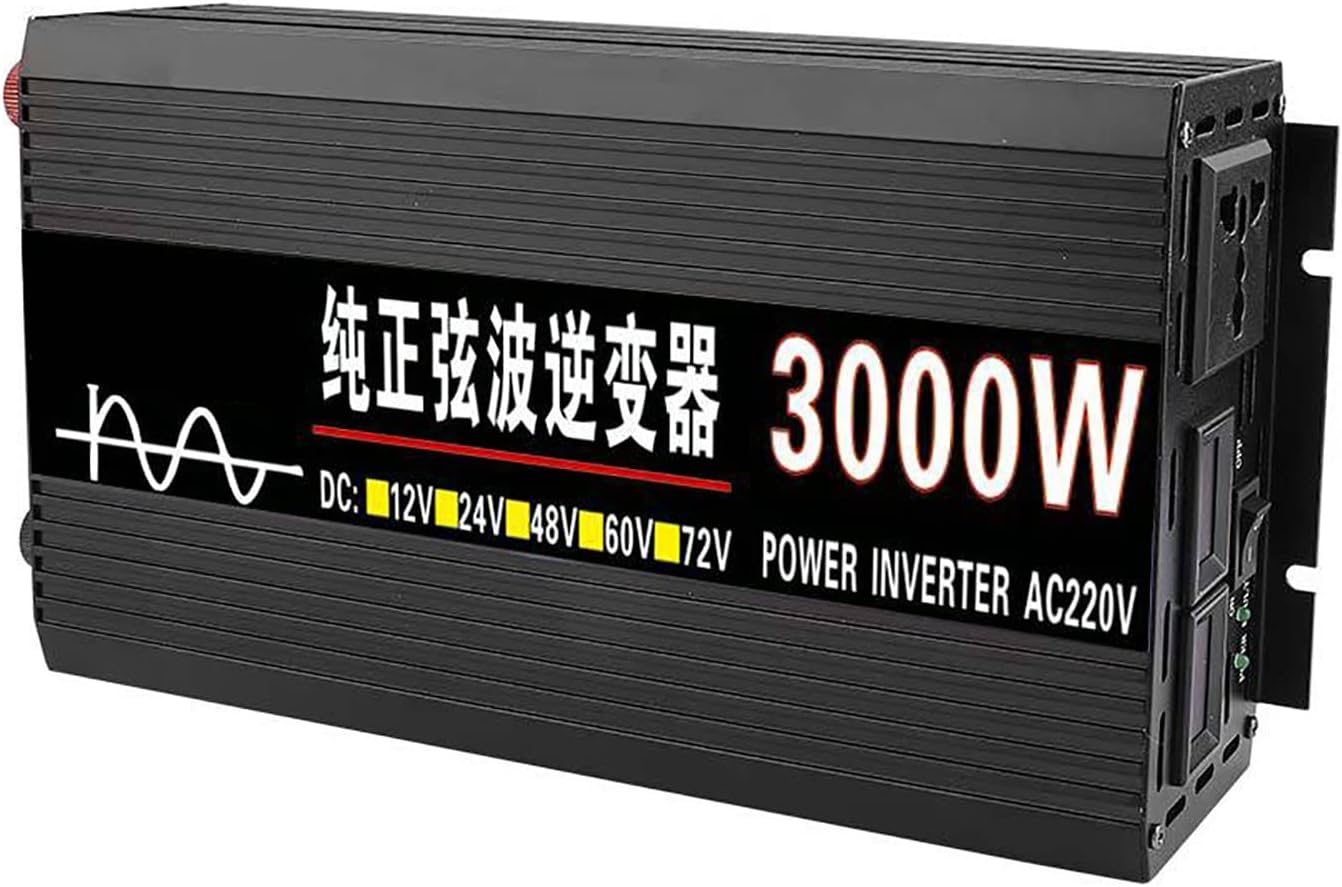 LJZLJZVehicle Pure Sine Wave Inverter, Household Power Inverter, 12V/24V.48V/60V to 220V, LCD Display, 2 Battery Clips,3000W-24V