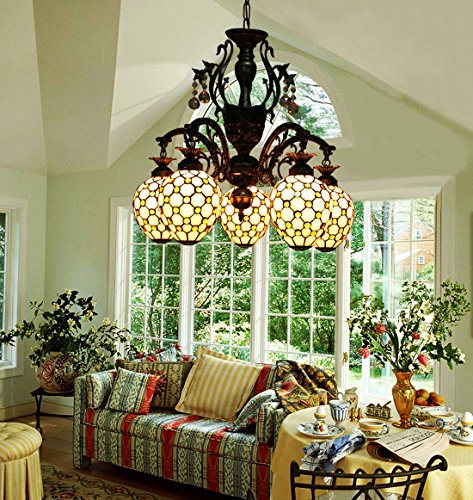 Lustre Tiffany vitrail d'exception style vintage et finition Jaune Perle - 3