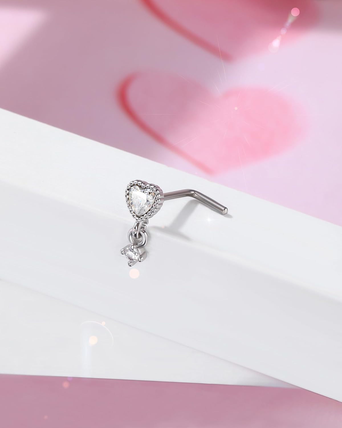 Jewseen Heart Nose Ring Dangle 20G 7mm L-Shaped Screw Nostril Stud | 5A Grade Flashy Zircon Implant Grade Hypoallergenic Surgical Steel