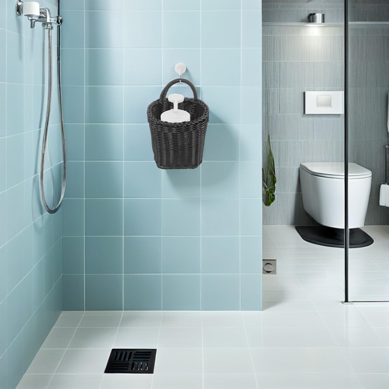 PRETYZOOM Black Plastic Wicker Storage Basket Nordic Style Hanging Organizer with Handle for Kitchen Bathroom Wall-Mount and Tabletop Use 9.05 X 5.91 X 4.72 Inches