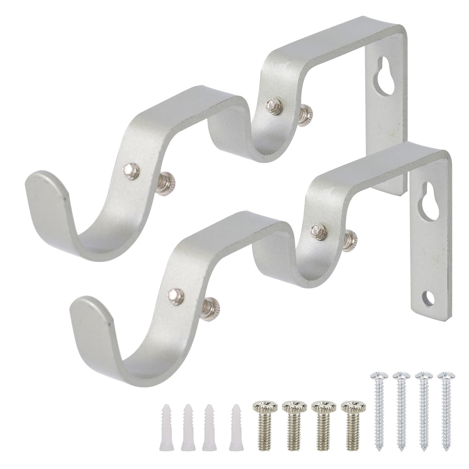 RUWLFE 4 Pcs Rod Brackets Thickened Aluminum Curtain Single Pole Holder Wall Mount Hardware Compatible for Poles, Wall Rod(Silver)