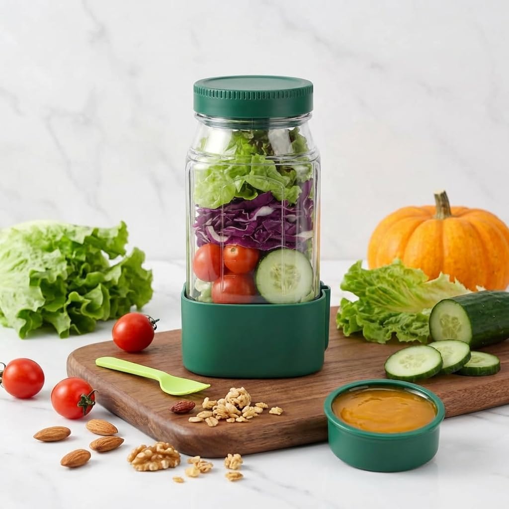 Salad Container for Lunch- Upgraded leakproof design, paired with an integrated portable fork, Reusable Salad Jar & Salad Mason Jar Side Opening, salad dressing container to go