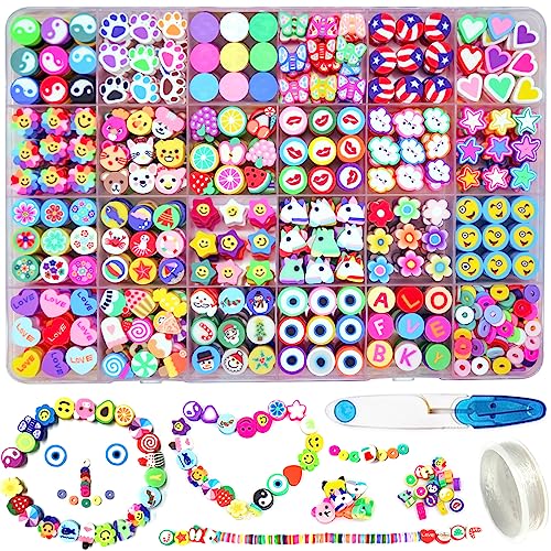 666Pcs Flower Smiley Polymer Clay Beads Charms 24 Styles Cool Fun Cute Preppy Beads For Jewelry Making Girls Indie Aesthetic Beads Diy Bracelet Accessories Kit 5M Crystal Elastic String For Kids #TOP25