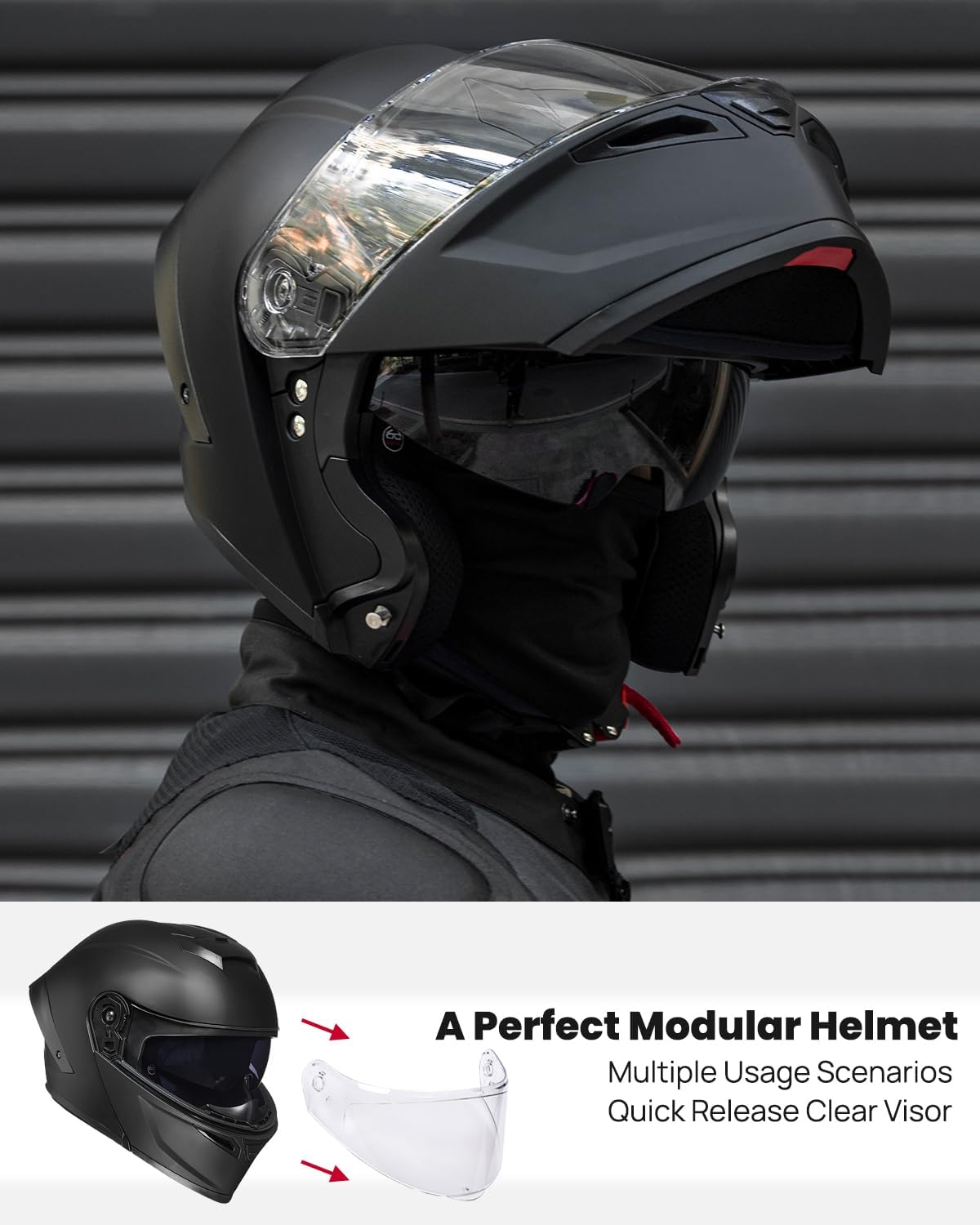 ILM Motorcycle Helmets Modular Full Face Moped Helmet Flip up Dual Visor for Adult DOT WS202 (Matte Black, Medium) - Image 2