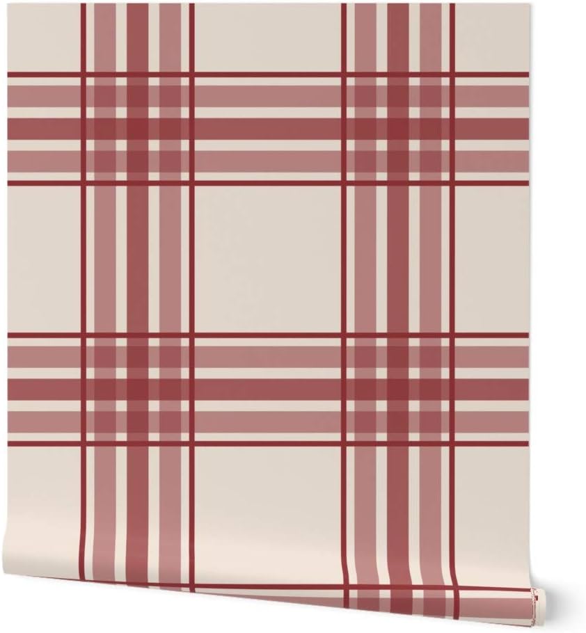 Peel & Stick Wallpaper Swatch - Plaid Brick Red Cream Rustic Cabin Picnic Check Farmhouse Beige Custom Removable Wallpaper by Spoonflower