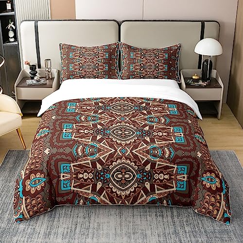 Homewish 100% Washed Cotton Bohemian Style Bedding Set Double,Red Blue Boho Mandala Duvet Cover Set,Soft Retro Comforter Cover,Southwestern Indian Tribal Quilt Cover,Exotic Style Decor Boho Bed Set