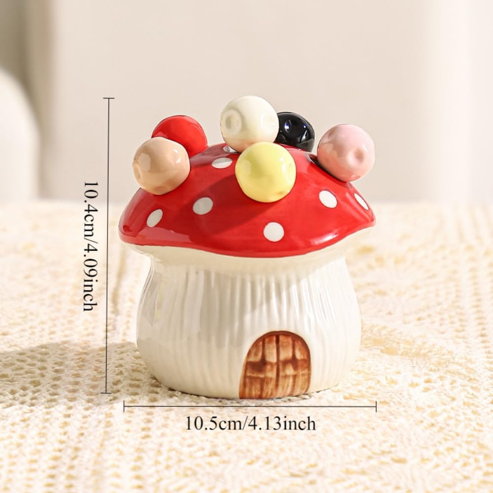 (6 Pieces) Cute Mushroom Ceramic Storage Jar Fruit Fork Household Stainless Steel Set (Red)